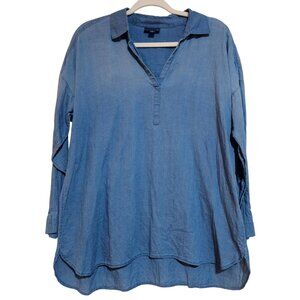 Pure Jill Indigo Blue Tunic Top M Petite 100% Cotton Casual Long Sleeve